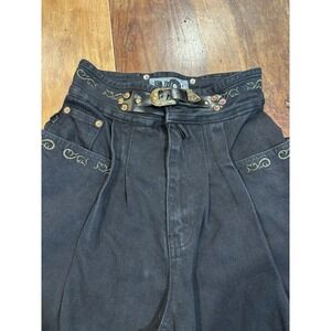 No! Black Jeans Size 7/8 Waist 24 Inch Barrel‎ Leg Embellished Jeans Retro Denim